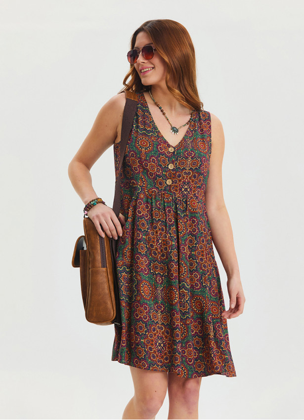 V Neck Button Detail Sleeveless Green Midi Dress 4576